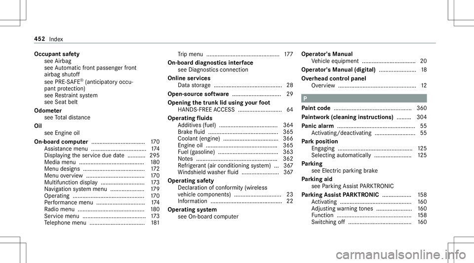 MERCEDES-BENZ GT R ROADSTER 2020 Owners Manual Occupant
safety
see Airbag
see Automatic front pass engerfront
airb agshut off
see PRE-S AFE®
(anticip ator yoccu‐
pant protect ion)
see Restra int system
see Seat belt
Odome ter
see Totaldis tance MERCEDES-BENZ GT R ROADSTER 2020 Owners Manual Occupant
safety
see Airbag
see Automatic front pass engerfront
airb agshut off
see PRE-S AFE®
(anticip ator yoccu‐
pant protect ion)
see Restra int system
see Seat belt
Odome ter
see Totaldis tance