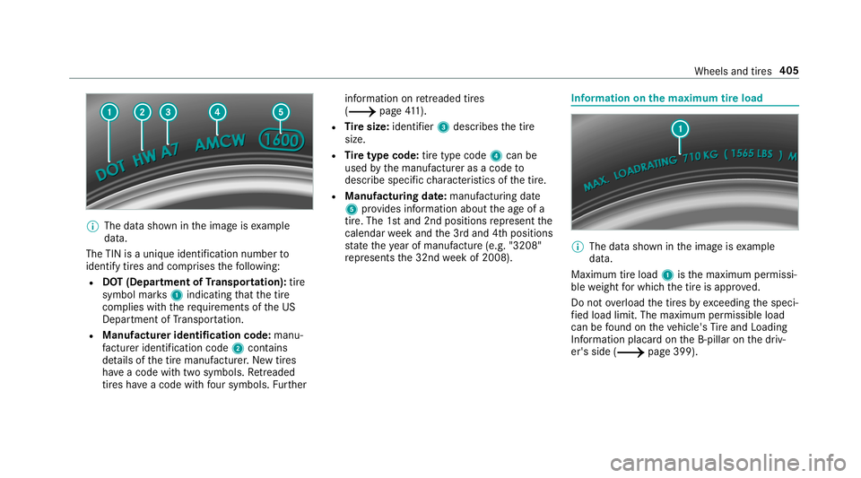 MERCEDES-BENZ C-CLASS SEDAN 2019 Owners Manual 0009
The datasho wnintheimag eis exam ple
dat a.
The TINisauniq ueiden tificat ion num berto
ident ifytires and comprises thefo llo wing:
R DOT(Depar tment ofTranspo rtation ):tir e
symb olmar ks1 ind MERCEDES-BENZ C-CLASS SEDAN 2019 Owners Manual 0009
The datasho wnintheimag eis exam ple
dat a.
The TINisauniq ueiden tificat ion num berto
ident ifytires and comprises thefo llo wing:
R DOT(Depar tment ofTranspo rtation ):tir e
symb olmar ks1 ind