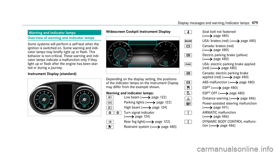 MERCEDES-BENZ C-CLASS SEDAN 2019 Owners Manual Wa
rning and indicat orlam ps Ov
ervie wof wa rning and indicat orlam ps Som
esy stems willperform aself -tes twhen the
ignit ionisswitc hedon.Som ewa rning and indi‐
cat orlam psma ybr ief lylight MERCEDES-BENZ C-CLASS SEDAN 2019 Owners Manual Wa
rning and indicat orlam ps Ov
ervie wof wa rning and indicat orlam ps Som
esy stems willperform aself -tes twhen the
ignit ionisswitc hedon.Som ewa rning and indi‐
cat orlam psma ybr ief lylight