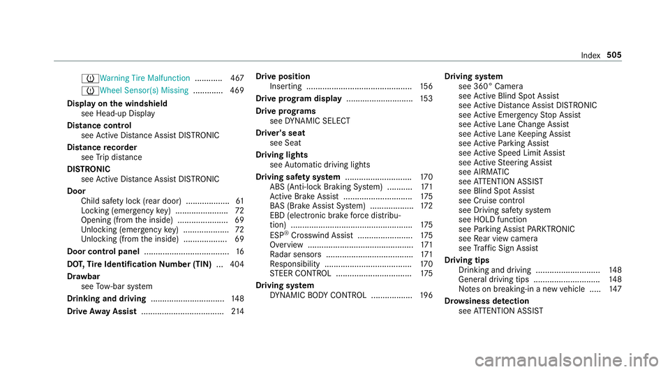 MERCEDES-BENZ C-CLASS SEDAN 2019 Owners Manual 0077
Warning Tire Malfunction ............ 467
0077Wheel Sensor(s)Missing.............4 69
Di spla yon thewindsh ield
see Head- upDis play
Dis tance control
see ActiveDis tance AssistDIS TRONI C
Di st MERCEDES-BENZ C-CLASS SEDAN 2019 Owners Manual 0077
Warning Tire Malfunction ............ 467
0077Wheel Sensor(s)Missing.............4 69
Di spla yon thewindsh ield
see Head- upDis play
Dis tance control
see ActiveDis tance AssistDIS TRONI C
Di st