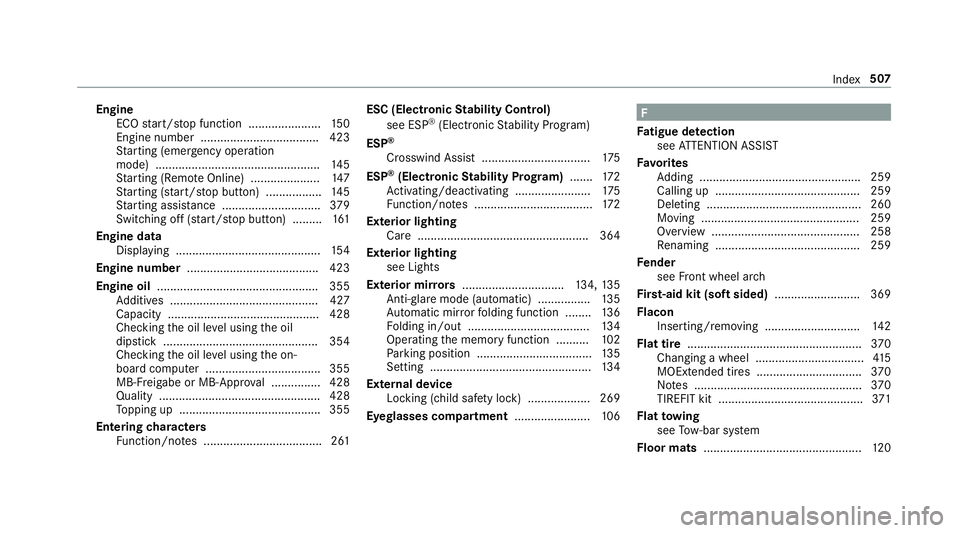 MERCEDES-BENZ C-CLASS SEDAN 2019 Owners Manual Engine
ECOstar t/ stop funct ion......................1 50
Engine number....... .............................423
St artin g(eme rgency operation
mode) ...... .......................................... MERCEDES-BENZ C-CLASS SEDAN 2019 Owners Manual Engine
ECOstar t/ stop funct ion......................1 50
Engine number....... .............................423
St artin g(eme rgency operation
mode) ...... ..........................................