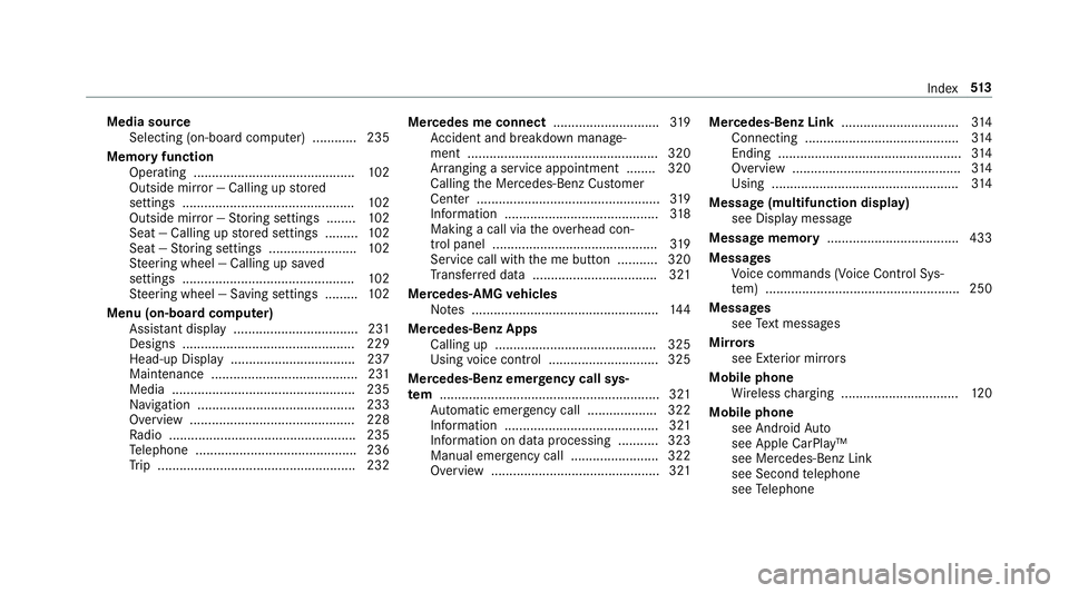 MERCEDES-BENZ C-CLASS SEDAN 2019 Owners Manual Media
source
Selecting (on-boardcom puter) ...... ...... 235
Memor yfunctio n
Oper ating .......... ...... ............................ 102
Outside mirror— Ca lling up stor ed
se ttings ............ MERCEDES-BENZ C-CLASS SEDAN 2019 Owners Manual Media
source
Selecting (on-boardcom puter) ...... ...... 235
Memor yfunctio n
Oper ating .......... ...... ............................ 102
Outside mirror— Ca lling up stor ed
se ttings ............