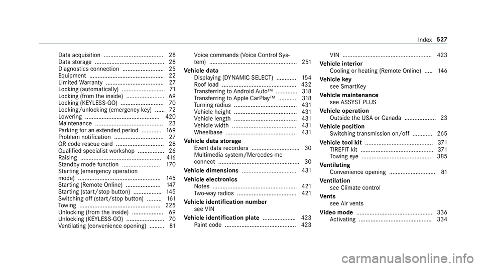 MERCEDES-BENZ C-CLASS SEDAN 2019 Owners Manual Dat
aacq uisitio n............ ........................ 28
Dat ast or ag e .......................................... 28
Diagnos ticsconn ection .................. .......2 5
Eq uipme nt............ . MERCEDES-BENZ C-CLASS SEDAN 2019 Owners Manual Dat
aacq uisitio n............ ........................ 28
Dat ast or ag e .......................................... 28
Diagnos ticsconn ection .................. .......2 5
Eq uipme nt............ .