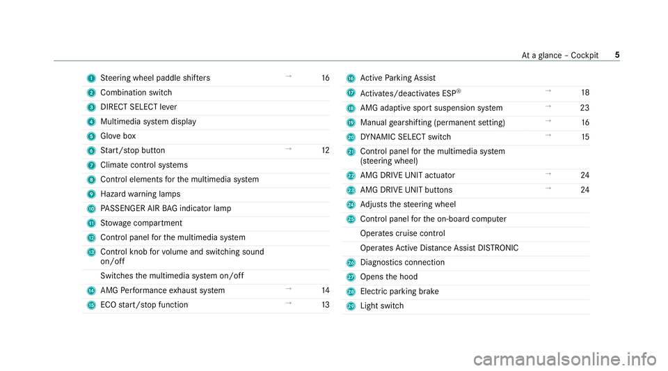 MERCEDES-BENZ C-CLASS SEDAN 2019  AMG Owners Manual 1
Steer ing wheel paddle shifters →
16
2 Comb inationswit ch
3 DIRECT SELEC Tleve r
4 Multimedia system displa y
5 Glovebox
6 Start/ stop butt on →
12
7 Climat eco ntro lsy stems
8 Contr olelement