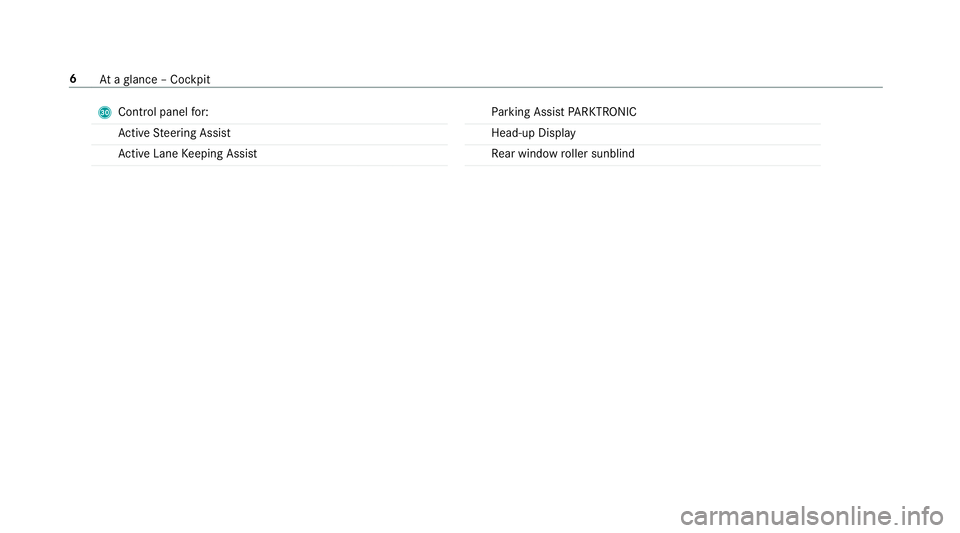 MERCEDES-BENZ C-CLASS SEDAN 2019  AMG Owners Manual U
Control pan elfor:
Ac tiveSt eer ing Assis t
Ac tiveLa ne Keeping Assist Pa
rking AssistPA RK TRONI C
Hea d-up Displa y
Re ar wind owroller sunblin d 6
Ataglanc e– Coc kpit 