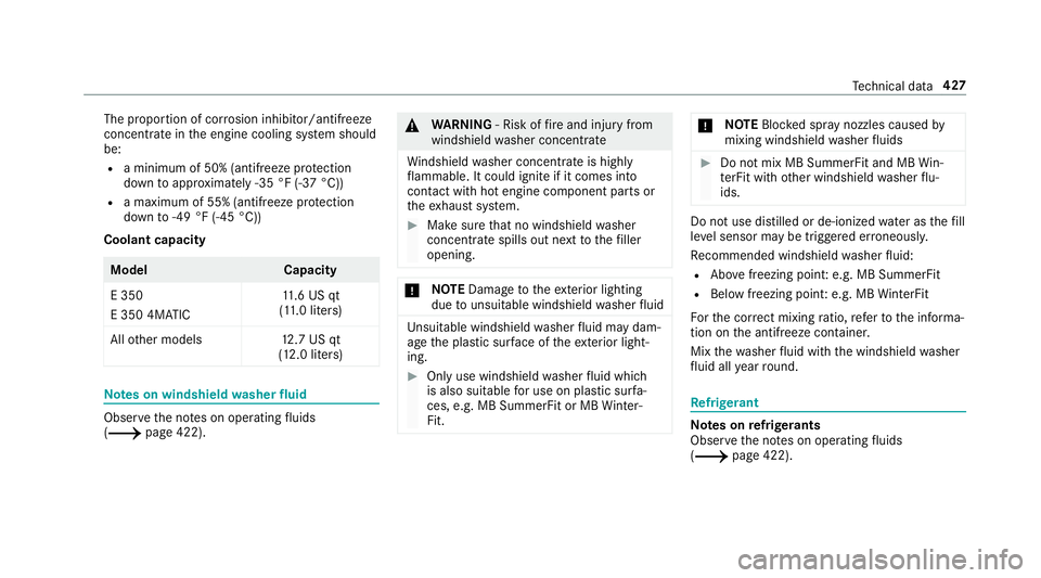 MERCEDES-BENZ E-CLASS SEDAN 2019 Owners Manual The
propor tionofcor rosion inhibit or/antifr eeze
concen trat ein theengine cooling system should
be:
R aminimum of50% (antifr eezeprotect ion
do wn toappr oximat ely-3 5°F (-37°C))
R amaxim umof55 MERCEDES-BENZ E-CLASS SEDAN 2019 Owners Manual The
propor tionofcor rosion inhibit or/antifr eeze
concen trat ein theengine cooling system should
be:
R aminimum of50% (antifr eezeprotect ion
do wn toappr oximat ely-3 5°F (-37°C))
R amaxim umof55
