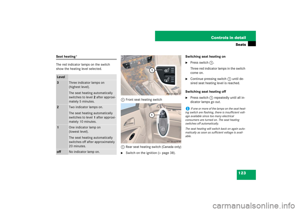 MERCEDES-BENZ CLS550 2007 W219 Owners Guide 123 Controls in detailSeats
Seat heating*
The red indicator lamps on the switch 
show the heating level selected.
1Front seat heating switch
1Rear seat heating switch (Canada only)

Switch on the ign