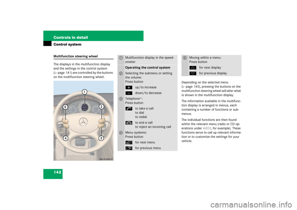 MERCEDES-BENZ CLS63AMG 2007 W219 Owners Manual 142 Controls in detailControl systemMultifunction steering wheel
The displays in the multifunction display 
and the settings in the control system 
(page 141) are controlled by the buttons 
on the mu