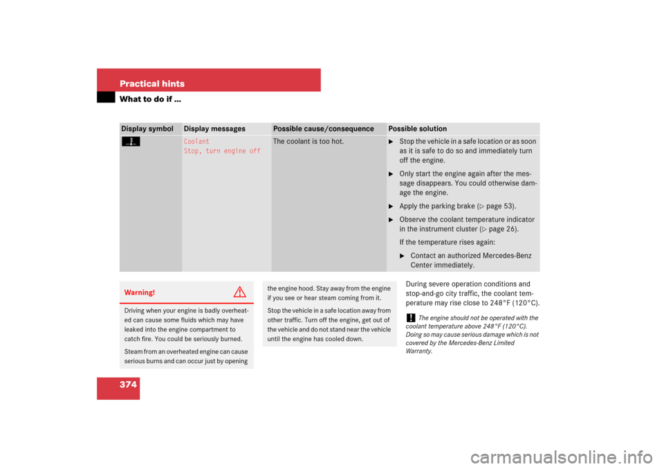 MERCEDES-BENZ CLS63AMG 2007 W219 User Guide 374 Practical hintsWhat to do if …
During severe operation conditions and 
stop-and-go city traffic, the coolant tem-
perature may rise close to 248°F (120°C).
Display symbol
Display messages
Poss