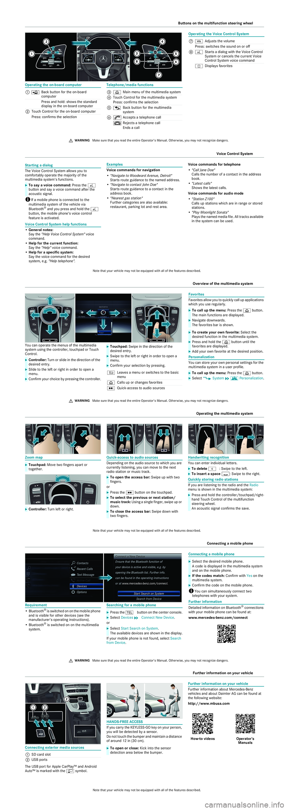 MERCEDES-BENZ E-CLASS SEDAN 2019  Quick Start Guide Op
eratingth eon- boa rdcomp uter Te
leph on e/me diafu ncti ons
1 Back butto nfo rth eon -boa rd
co mp uter
Pr es sand hold:sho wsthe stan dar d
di sp lay in theon- boardco mp uter
2 TouchCo ntro lfo