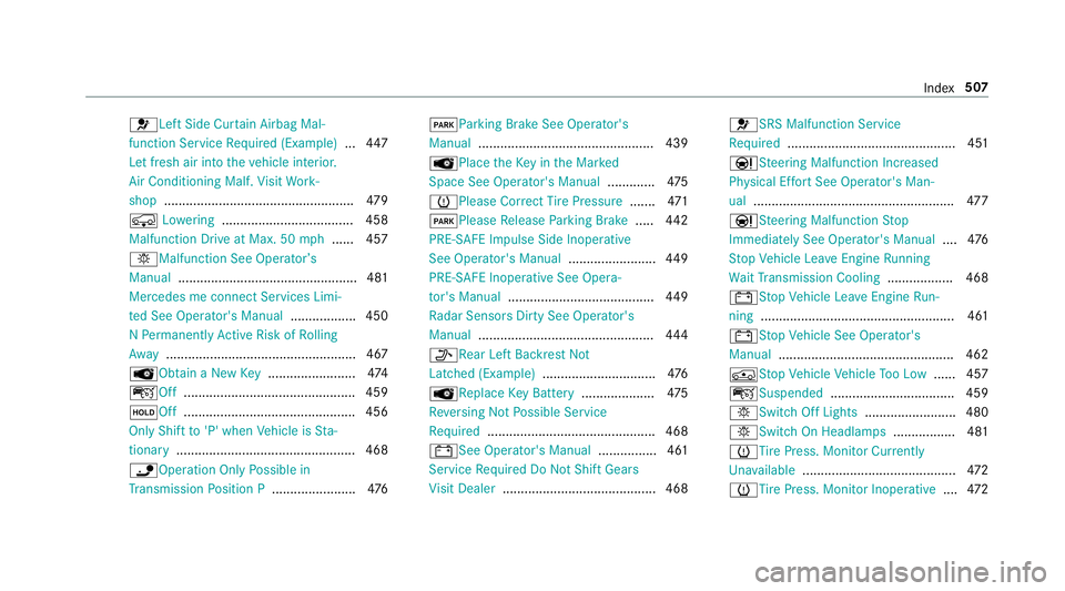MERCEDES-BENZ E-CLASS WAGON 2019  Owners Manual 0075
LeftSide Curtain Air bag Mal‐
func tion Service Required (Exam ple) ...4 47
Le tfr esh airintoth eve hicle interior .
Air Conditioning Malf.Visit Wo rk‐
shop .................................
