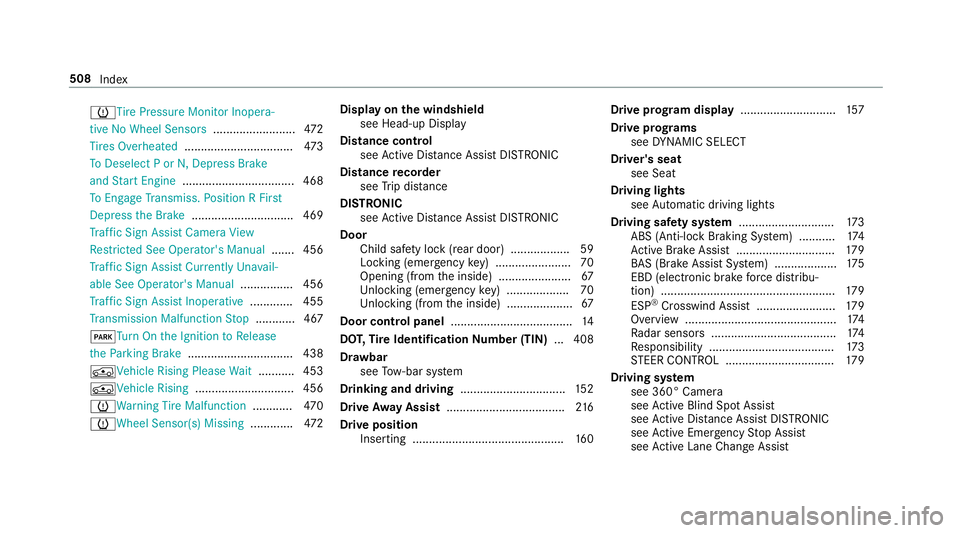 MERCEDES-BENZ E-CLASS WAGON 2019 Owners Manual 0077
Tire Pressur eMonit orInopera ‐
tiv eNo Wheel Sensors .........................4 72
Ti re sOv erheat ed................................. 473
To Dese lect Por N, Dep ress Brak e
and StartEn gin MERCEDES-BENZ E-CLASS WAGON 2019 Owners Manual 0077
Tire Pressur eMonit orInopera ‐
tiv eNo Wheel Sensors .........................4 72
Ti re sOv erheat ed................................. 473
To Dese lect Por N, Dep ress Brak e
and StartEn gin