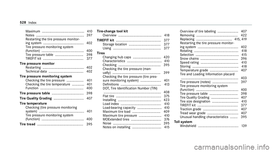 MERCEDES-BENZ E-CLASS WAGON 2019 Owners Manual Maximum
............................................. 410
No tes ................................................... 397
Re star tin gth etir epr essur emonit or‐
ing system ........................ MERCEDES-BENZ E-CLASS WAGON 2019 Owners Manual Maximum
............................................. 410
No tes ................................................... 397
Re star tin gth etir epr essur emonit or‐
ing system ........................