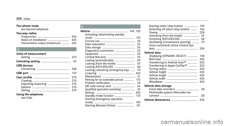 MERCEDES-BENZ E-CLASS WAGON 2019 Owners Manual Tw
oph one mod e
see Second telephon e
Tw o-w ayradio s
Fr eq uencies ......... ................................ 426
No teson installation ...........................4 25
Tr ans miss ionoutput (max im MERCEDES-BENZ E-CLASS WAGON 2019 Owners Manual Tw
oph one mod e
see Second telephon e
Tw o-w ayradio s
Fr eq uencies ......... ................................ 426
No teson installation ...........................4 25
Tr ans miss ionoutput (max im