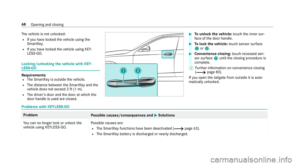 MERCEDES-BENZ E-CLASS WAGON 2019  Owners Manual The
vehicle isno tunloc ked:
R Ifyo uha ve loc kedth eve hicle using the
Smar tKey .
R Ifyo uha ve loc kedth eve hicle using KEY‐
LESS -GO. Loc
king/unloc kingtheve hicl ewith KEY‐
LES S-GO Re
qui
