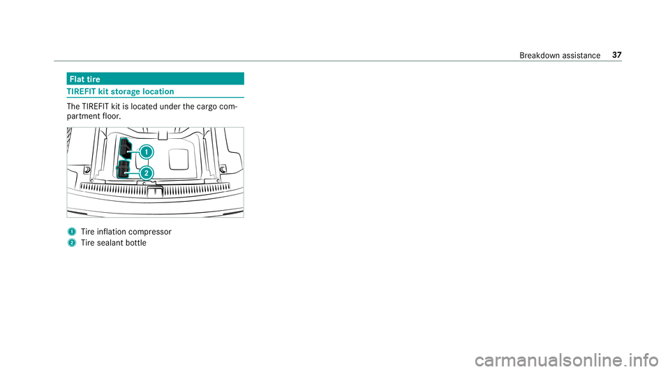 MERCEDES-BENZ E-CLASS WAGON 2019  AMG Owners Guide Flat
tire TIR
EFIT kitstorage location The
TIREF ITkit islocat edunder thecar gocom‐
par tmen tfloor . 1
Tire inflation compressor
2 Tire seala ntbottle Br
eakdo wnassis tance 37 