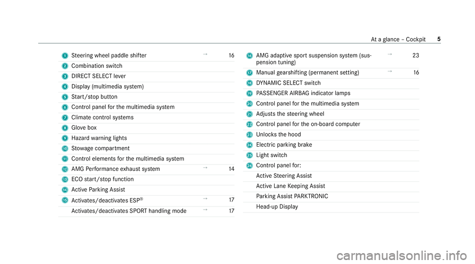MERCEDES-BENZ E-CLASS WAGON 2019  AMG Owners Manual 1
Steer ing wheel paddle shifter →
16
2 Comb inationswit ch
3 DIRECT SELEC Tleve r
4 Display (multim ediasystem)
5 Start/ stop butt on
6 Contr olpanel forth emultimedia system
7 Climat econ trol sys