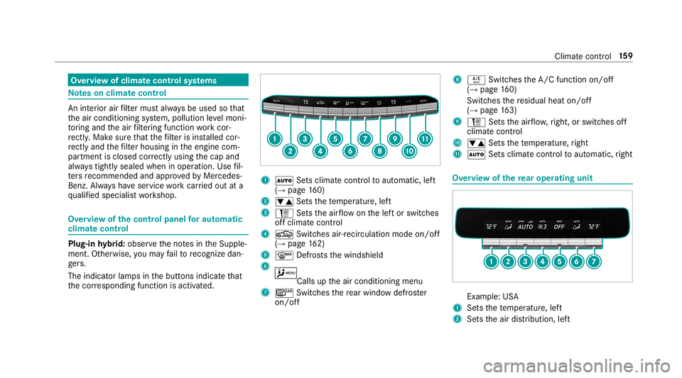 MERCEDES-BENZ S-CLASS SEDAN & MAYBACH 2019  Owners Manual Ov
ervie wof climat econtr olsystems No
teson climat econtr ol An
interior airfilt er mus talw aysbe used sothat
th eair con ditionin gsy stem, pollution leve lmon i‐
to ring and theair filt er ing 