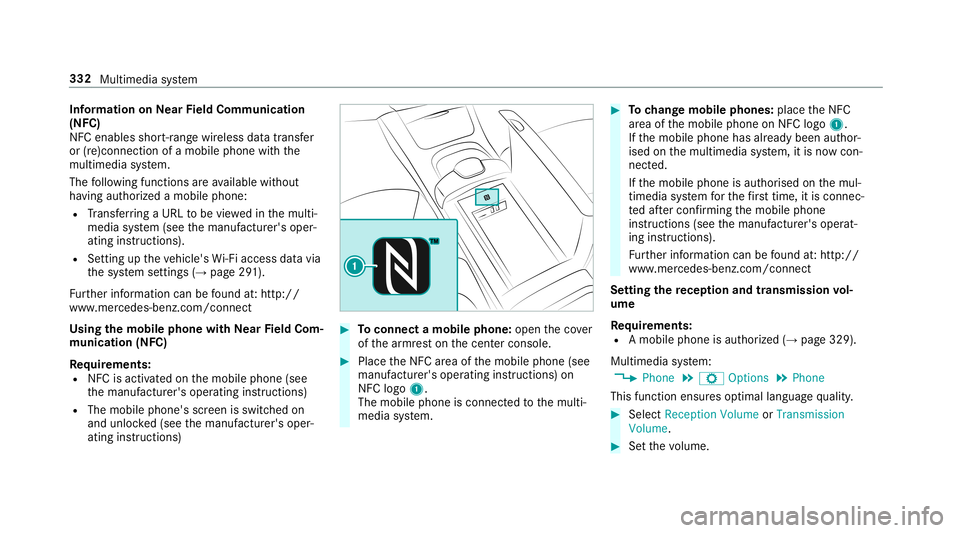 MERCEDES-BENZ S-CLASS SEDAN & MAYBACH 2019  Owners Manual Inf
orma tion onNearField Comm unication
(NFC)
NFC enabl esshor t-ra ng ewi reless datatransf er
or (re)con nection ofamobile phonewit hth e
multime diasystem.
The follo wing functionsar eav ailable w