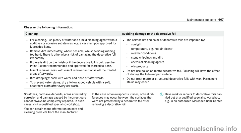 MERCEDES-BENZ S-CLASS SEDAN & MAYBACH 2019  Owners Manual Obser
vethefo llo wing informa tion: Cleaning
Avoiding dama getothedecor ative fo il
R Forclea ning, useplenty ofwa terand amild cleaning agent without
add itivesorabr asive subs tances, e.g.a car sha