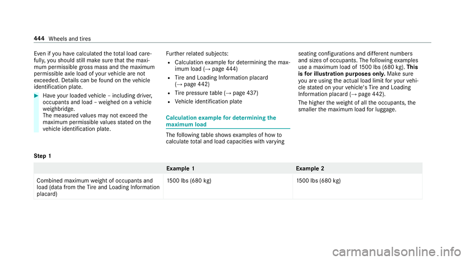 MERCEDES-BENZ S-CLASS SEDAN & MAYBACH 2019  Owners Manual Ev
en ifyo uha ve cal cul ated thetot alload care‐
full y,yo usho uld still mak esur eth at themaxi‐
mum permissible gross mass andthemaximum
per missible axleload ofyour vehicle areno t
exc eeded