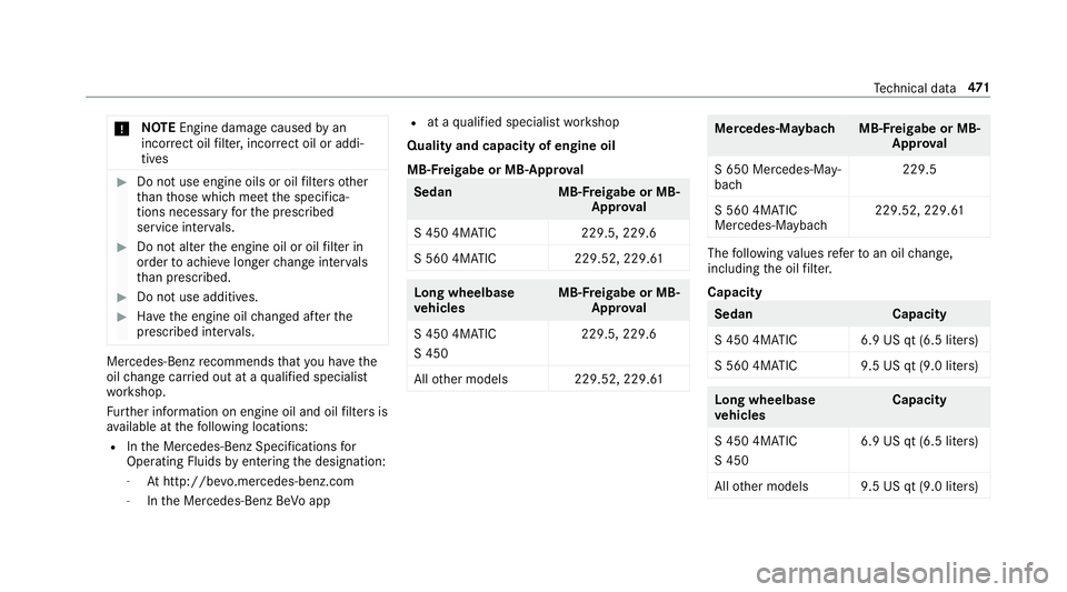 MERCEDES-BENZ S-CLASS SEDAN & MAYBACH 2019  Owners Manual *
NO
TEEngi nedama gecau sed byan
inc orrect oil filt er ,inc orrect oil oraddi‐
tiv es #
Donotus eengi neoilsor oil filt er sot her
th an those whic hmee tth especif ica‐
tion sneces saryfo rth e