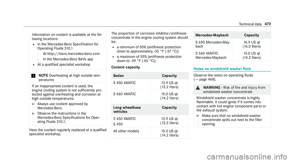 MERCEDES-BENZ S-CLASS SEDAN & MAYBACH 2019  Owners Manual Inf
ormation oncoolant isavailable atthefo l‐
lo wing locations:
R IntheMer cedes- BenzSpecif ication for
Oper ating Fluids 310.1
- Athttp: //be vo.mer cedes-b enz.com
- IntheMer cedes- BenzBeVoapp
