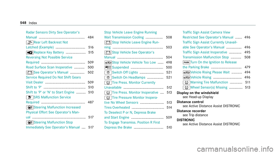 MERCEDES-BENZ S-CLASS SEDAN & MAYBACH 2019 Owners Manual Ra
dar SensorsDir tySee Oper ator's
Manual ................................................ 484
006FRe arLef tBac kres tNo t
La tched (Exam ple) ...............................5 16
00AF Replace Ke MERCEDES-BENZ S-CLASS SEDAN & MAYBACH 2019 Owners Manual Ra
dar SensorsDir tySee Oper ator's
Manual ................................................ 484
006FRe arLef tBac kres tNo t
La tched (Exam ple) ...............................5 16
00AF Replace Ke