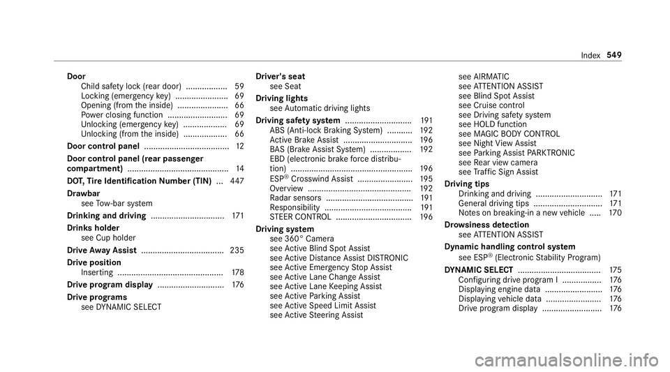 MERCEDES-BENZ S-CLASS SEDAN & MAYBACH 2019 Owners Manual Door
Child safetyloc k(rear door)............ ...... 59
Loc king (em erge ncy key) ................ .......6 9
Opening (from theinside) ......................6 6
Po we rclosing function ........... .. MERCEDES-BENZ S-CLASS SEDAN & MAYBACH 2019 Owners Manual Door
Child safetyloc k(rear door)............ ...... 59
Loc king (em erge ncy key) ................ .......6 9
Opening (from theinside) ......................6 6
Po we rclosing function ........... ..
