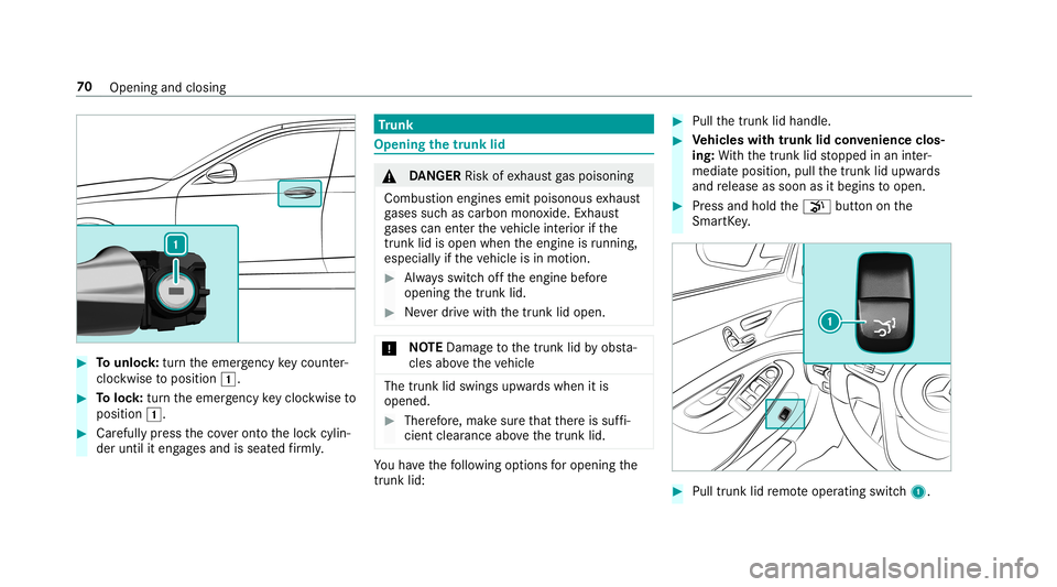 MERCEDES-BENZ S-CLASS SEDAN & MAYBACH 2019 Manual PDF #
Tounlo ck:tur nth eemer gency keyco unt er-
clo ckwise toposition 0047. #
Toloc k:tur nth eemer gency keyclo ckwise to
position 0047. #
Carefully press theco veront oth eloc kcyli n‐
der until ite