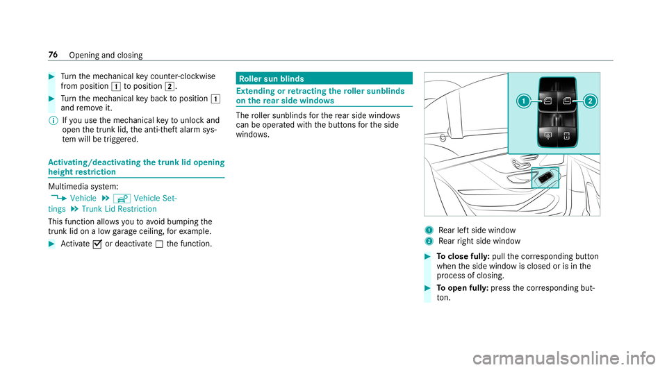 MERCEDES-BENZ S-CLASS SEDAN & MAYBACH 2019 Manual PDF #
Turn themec hanical keyco unt er-cloc kwi se
fr om position 0047toposition 0048. #
Turn themec hanical keybac kto position 0047
and remo veit.
% Ifyo uuse themec hanical keyto unlo ckand
open thetru