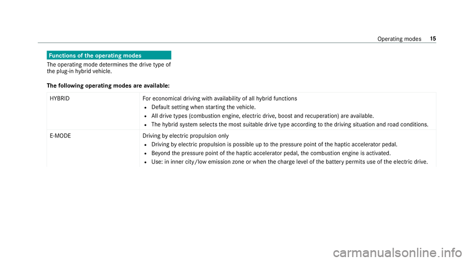 MERCEDES-BENZ S-CLASS SEDAN & MAYBACH 2019  Hybrid Owners Manual Fu
nctions oftheoper ating mod es
The operating modedeterm ines thedr ive type of
th eplug-in hybrid vehicle.
The follo wing operating mod esareav ailab le:
HYBRID Foreconomica ldr iving withav ailabi