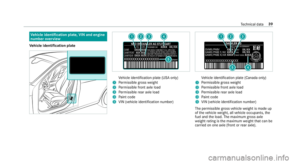 MERCEDES-BENZ S-CLASS SEDAN & MAYBACH 2019  Hybrid Service Manual Ve
hicl eiden tificati onplat e,VIN and engine
number overview
Ve hicl eiden tificati onplat e Ve
hicle identif ication plate(US Aonl y)
1 Perm issible gros swe ight
2 Perm issible front axle load
3 P