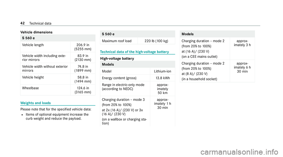 MERCEDES-BENZ S-CLASS SEDAN & MAYBACH 2019  Hybrid Service Manual Ve
hicl edimens ions S
560 e
Ve hicle length2 06.9in
(5255 mm)
Ve hicle widthincluding exte‐
ri or mir rors 83.9
in
(2 13 0mm)
Ve hicle widthwit hout exterior
mir rors 74
.8 in
(1 899 mm)
Ve hicle h