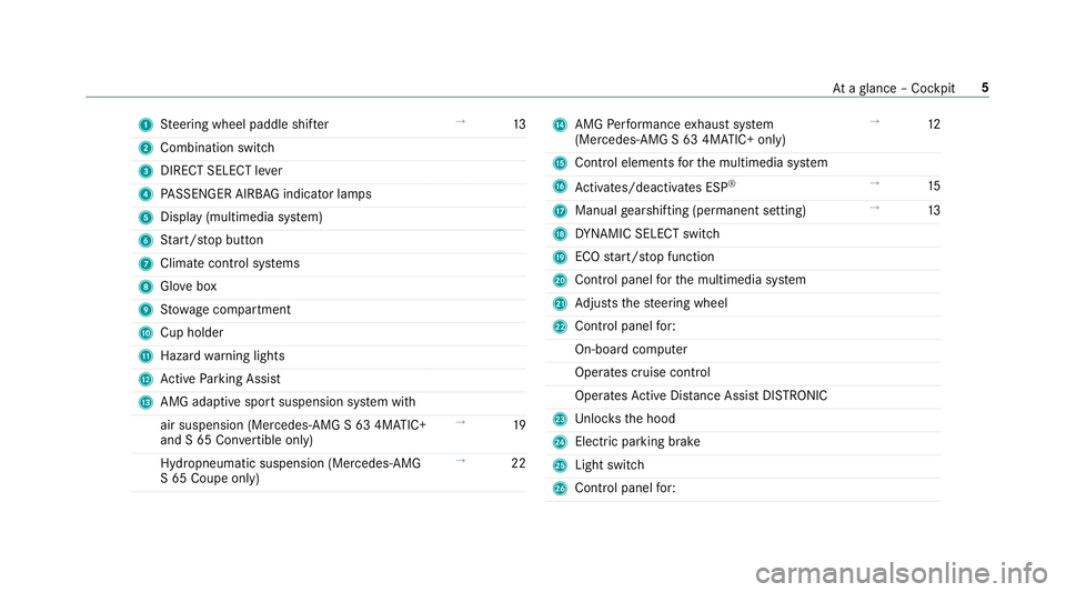 MERCEDES-BENZ S-CLASS SEDAN & MAYBACH 2019  AMG Owners Manual 1
Steer ing wheel paddle shifter →
13
2 Comb inationswit ch
3 DIRECT SELEC Tleve r
4 PASSENGER AIRBAGindic ator lam ps
5 Disp lay (mult imedia system)
6 Start/ stop butt on
7 Climat econt rolsy stem
