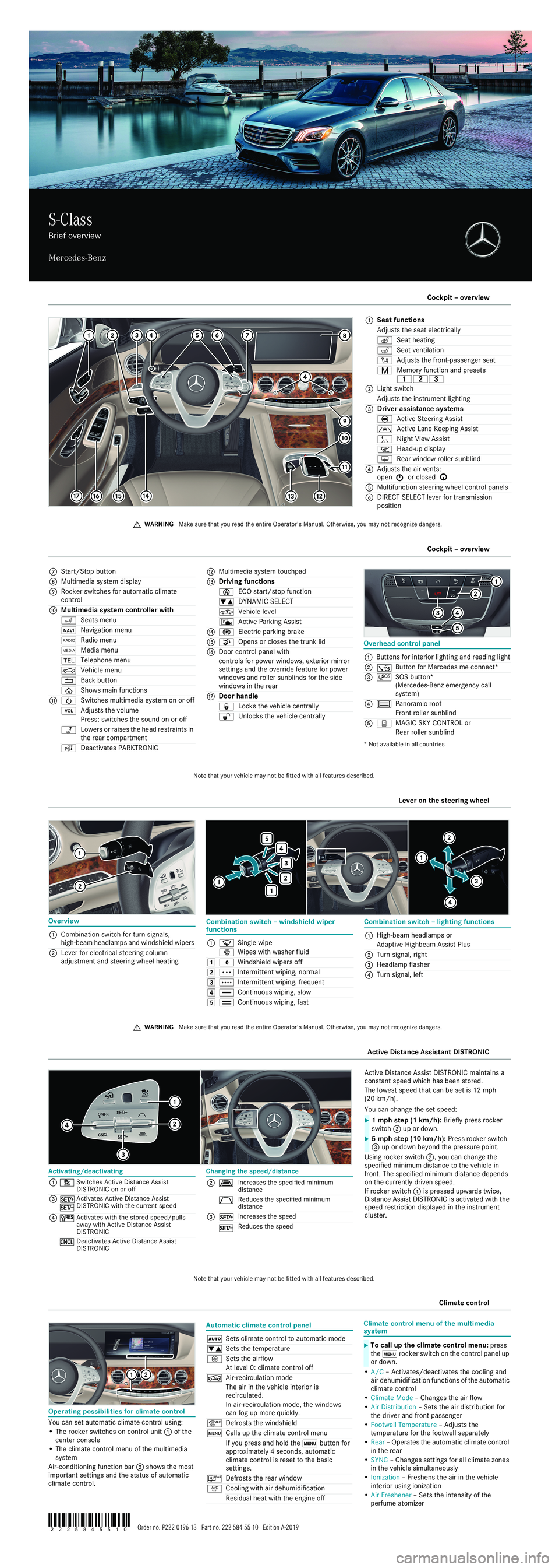 MERCEDES-BENZ S-CLASS SEDAN & MAYBACH 2019  Quick Start Guide P6
8.00 -8428- 00 1
Seat func tions
Ad just sth ese at elec tric al ly
0072 Seat heating
008E Seatven tila tion
0096 Adjuststh efron t-pa ssen gerse at
008D Memoryfun ction an dpr es ets
00620063005F
