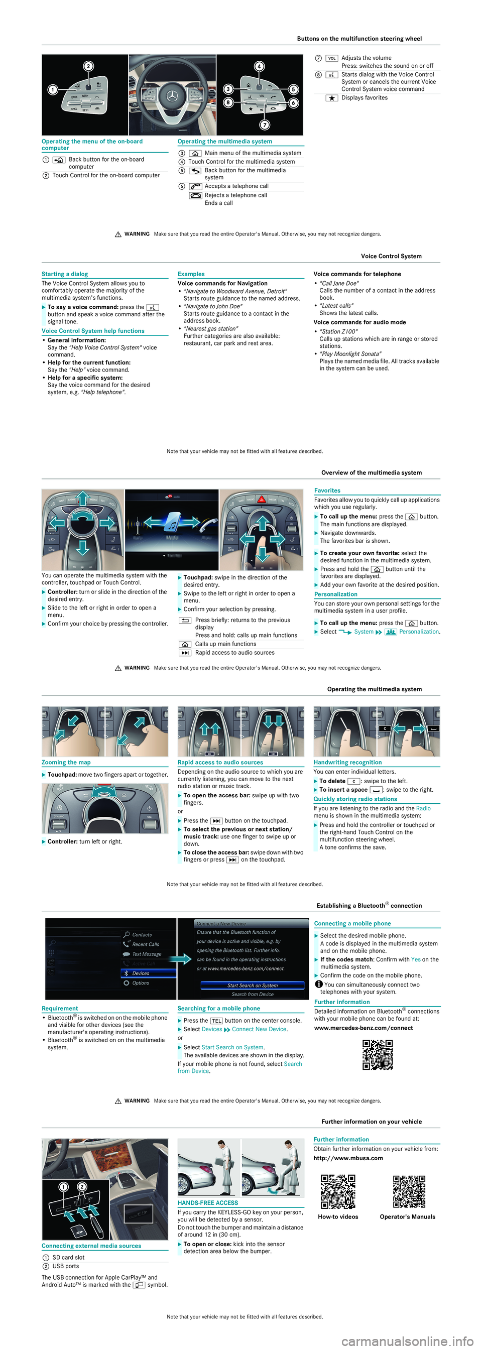 MERCEDES-BENZ S-CLASS SEDAN & MAYBACH 2019  Quick Start Guide Op
erati ng them enuof theon- boa rd co
mp uter Op
eratingt he mul timed iasystem
1 Back butto nfo rth eon -boa rd
co mp uter
2 TouchCo ntro lfo rt he on-boa rd comp uter 3
00E2 Mainme nu ofthemu ltim