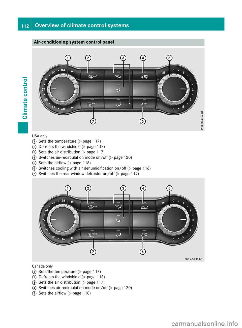 MERCEDES-BENZ CLA COUPE 2019  Owners Manual Air
-con ditionin gsys tem controlpanel US
Aon ly
0043 Setsthete mpe rature (Ypage 117)
0044 Defrost sth ewin dsh ield (Ypage 118)
0087 Setstheair dist ribution (Ypage 117)
0085 Switches air-recircula