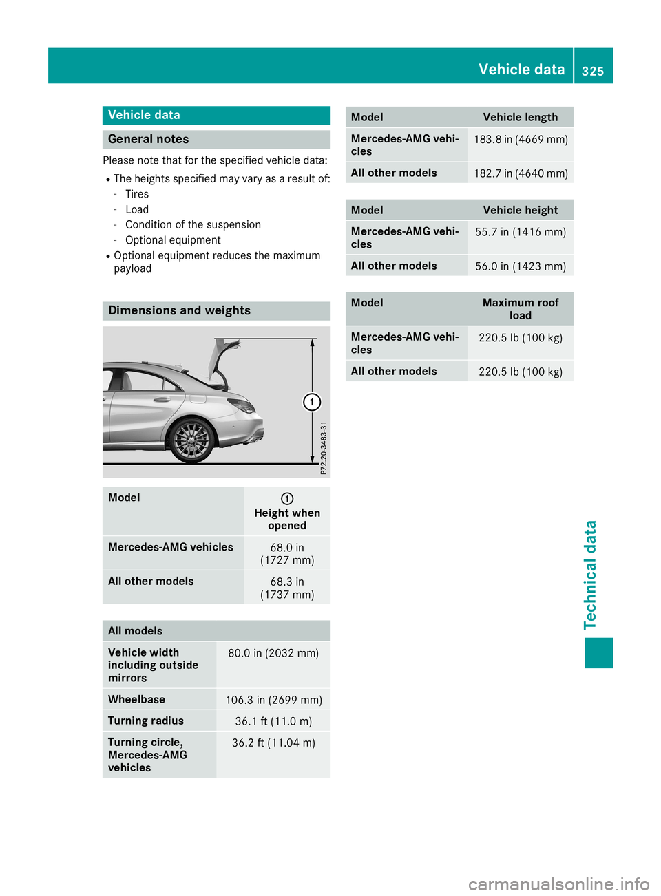 MERCEDES-BENZ CLA COUPE 2019 Owners Manual Vehi
cle data Gen
eral notes
Pl ea se note thatfor the specified veh icleda ta:
R The heights specified may varyas ares ultof:
- Tires
- Loa d
- Co ndi tionof the suspe nsion
- Opti onaleq uipme nt
R MERCEDES-BENZ CLA COUPE 2019 Owners Manual Vehi
cle data Gen
eral notes
Pl ea se note thatfor the specified veh icleda ta:
R The heights specified may varyas ares ultof:
- Tires
- Loa d
- Co ndi tionof the suspe nsion
- Opti onaleq uipme nt
R