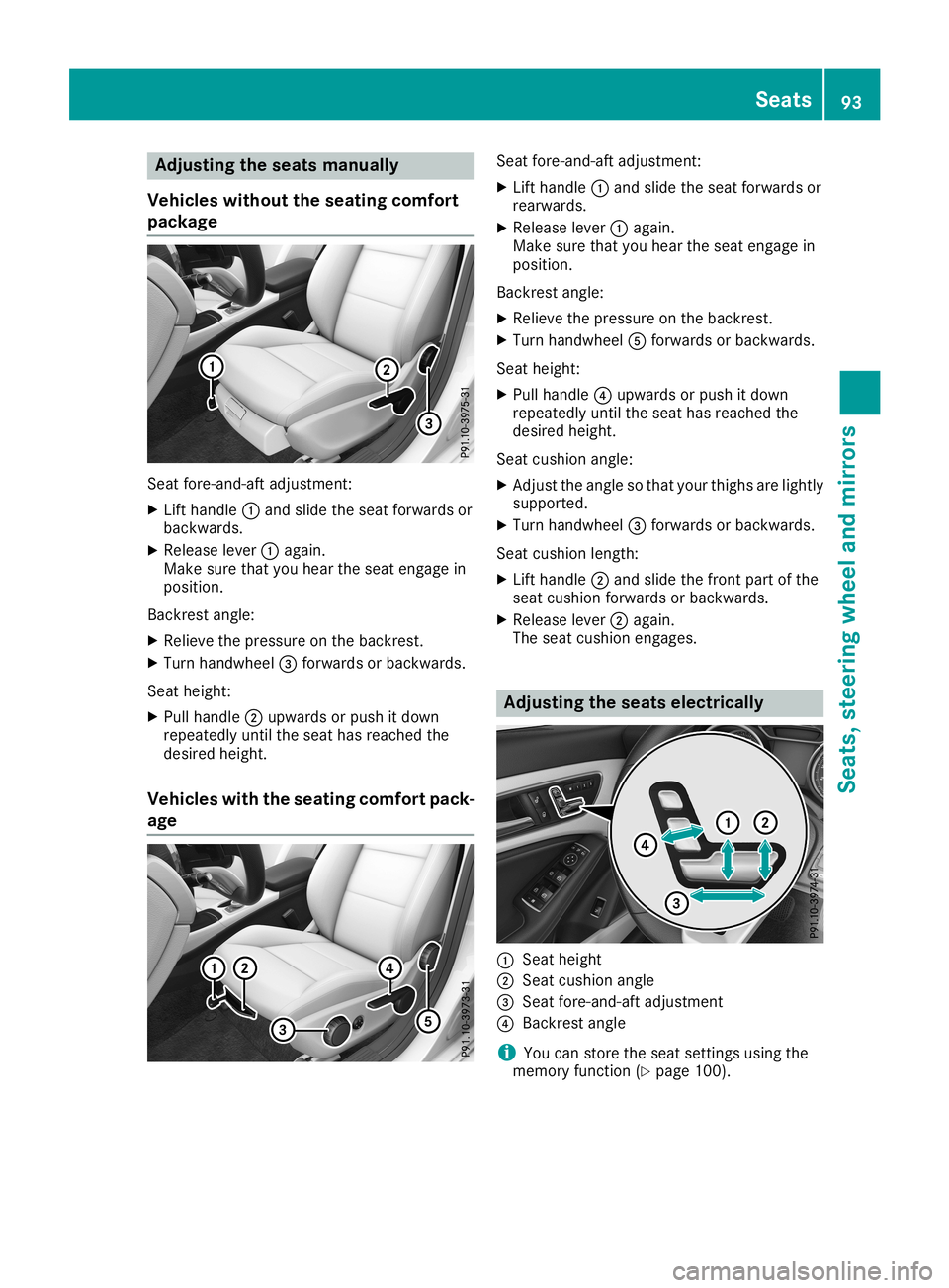 MERCEDES-BENZ CLA COUPE 2019 Owners Manual Adj
usting thesea tsma nua lly
Veh icles withoutthesea ting com fort
pa cka ge Se
at for e-and -aftadj ust men t:
X Lif than dle0043and slideth eseat forward sor
bac kwa rds.
X Releas elev er0043 agai MERCEDES-BENZ CLA COUPE 2019 Owners Manual Adj
usting thesea tsma nua lly
Veh icles withoutthesea ting com fort
pa cka ge Se
at for e-and -aftadj ust men t:
X Lif than dle0043and slideth eseat forward sor
bac kwa rds.
X Releas elev er0043 agai