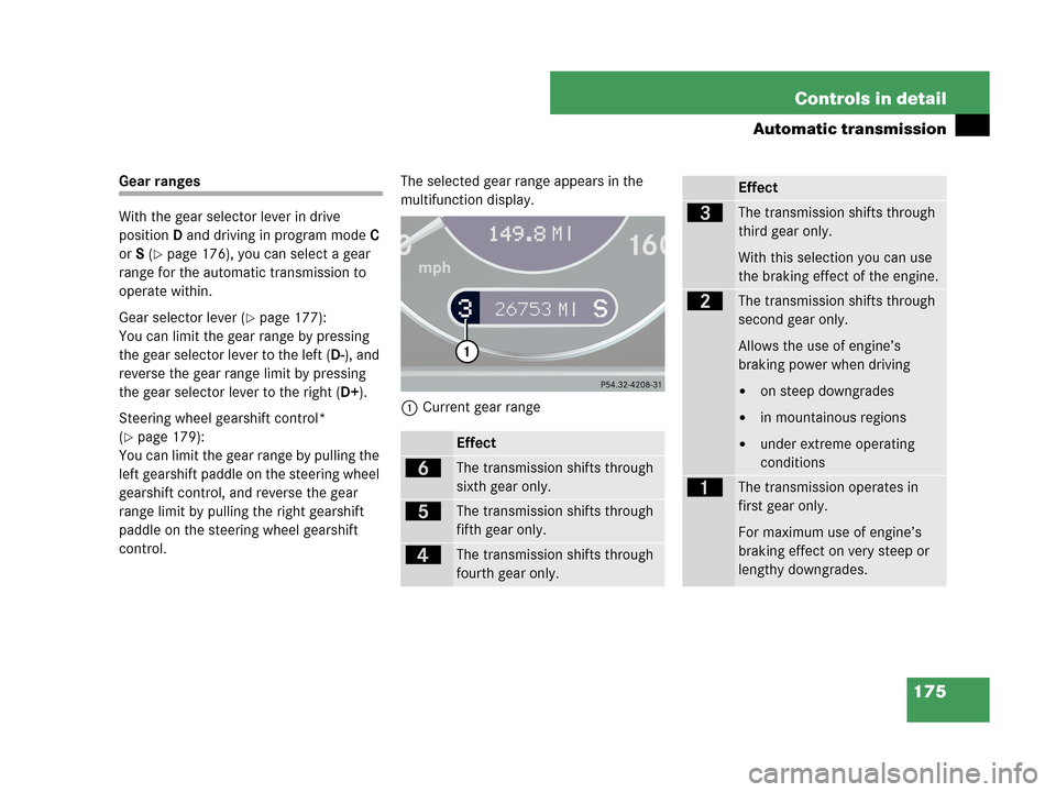 MERCEDES-BENZ CLK550 2007 A209 Owners Manual 175 Controls in detail
Automatic transmission
Gear ranges
With the gear selector lever in drive 
positionD and driving in program modeC 
orS (
page 176), you can select a gear 
range for the automati