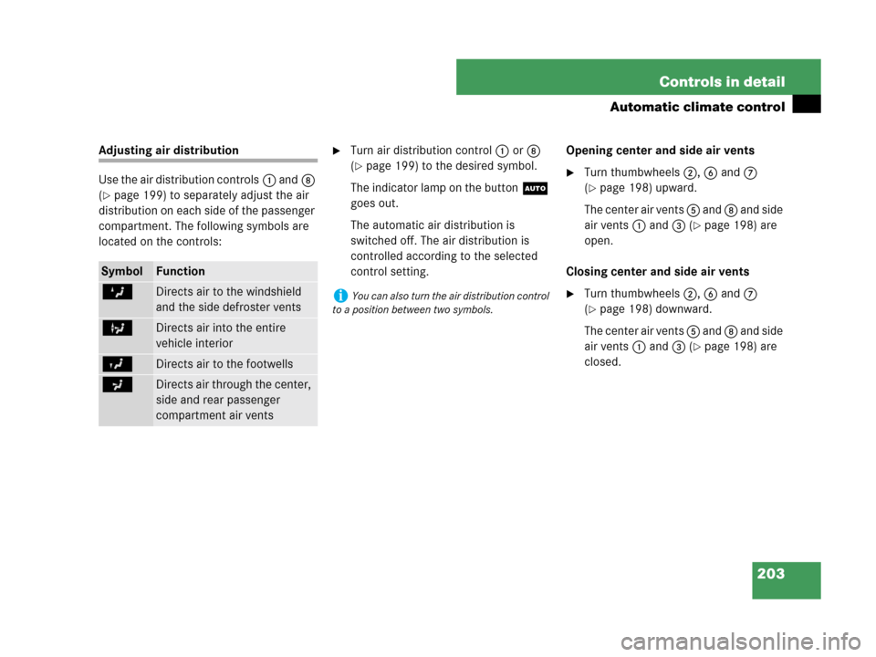MERCEDES-BENZ CLK350 2007 A209 Owners Manual 203 Controls in detail
Automatic climate control
Adjusting air distribution
Use the air distribution controls1 and8 
(
page 199) to separately adjust the air 
distribution on each side of the passeng