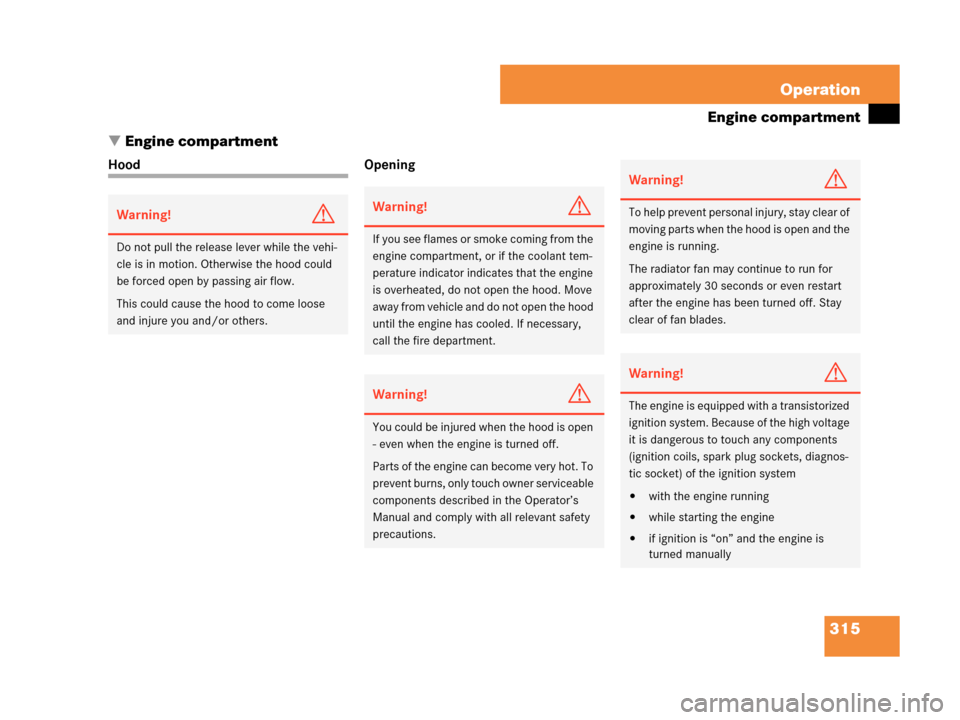 MERCEDES-BENZ CLK350 2007 A209 Owners Manual 315 Operation
Engine compartment
Engine compartment
Hood Opening
Warning!G
Do not pull the release lever while the vehi-
cle is in motion. Otherwise the hood could 
be forced open by passing air flow