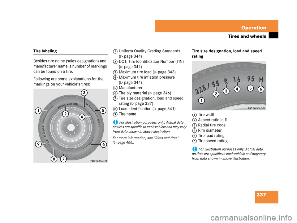 MERCEDES-BENZ CLK350 2007 A209 Owners Manual 337 Operation
Tires and wheels
Tire labeling
Besides tire name (sales designation) and 
manufacturer name, a number of markings 
can be found on a tire.
Following are some explanations for the 
markin