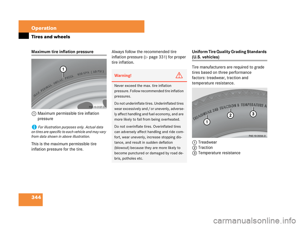 MERCEDES-BENZ CLK350 2007 A209 User Guide 344 Operation
Tires and wheels
Maximum tire inflation pressure
1Maximum permissible tire inflation 
pressure 
This is the maximum permissible tire 
inflation pressure for the tire.Always follow the re
