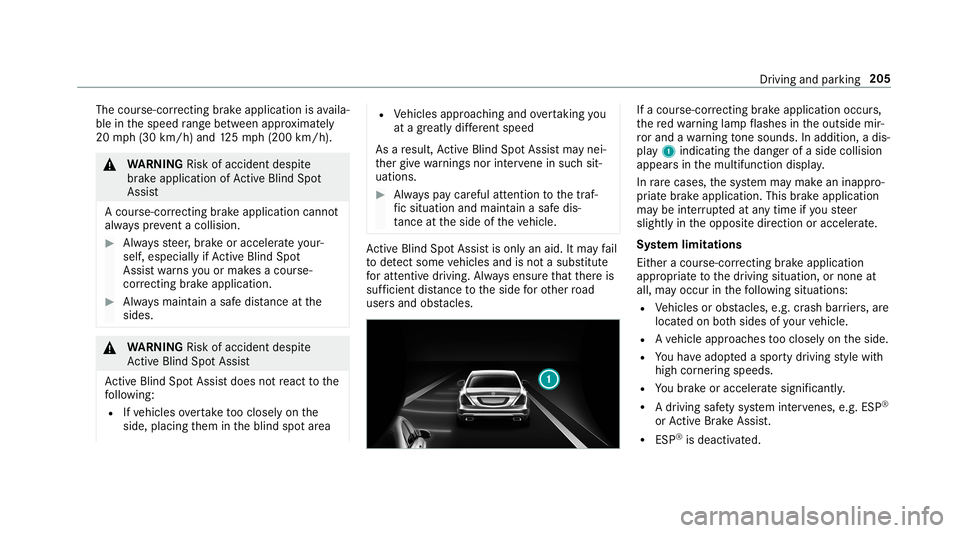 MERCEDES-BENZ S-CLASS COUPE 2019 Owners Manual The
cour se-cor recting brak eap plica tion isavaila‐
ble inthespeed rang ebe twee nap prox imat ely
20 mph(30 km/h) and125mp h(200 km/h). 000A
WARNIN GRisk ofacci dent despite
br ak eapplication of MERCEDES-BENZ S-CLASS COUPE 2019 Owners Manual The
cour se-cor recting brak eap plica tion isavaila‐
ble inthespeed rang ebe twee nap prox imat ely
20 mph(30 km/h) and125mp h(200 km/h). 000A
WARNIN GRisk ofacci dent despite
br ak eapplication of