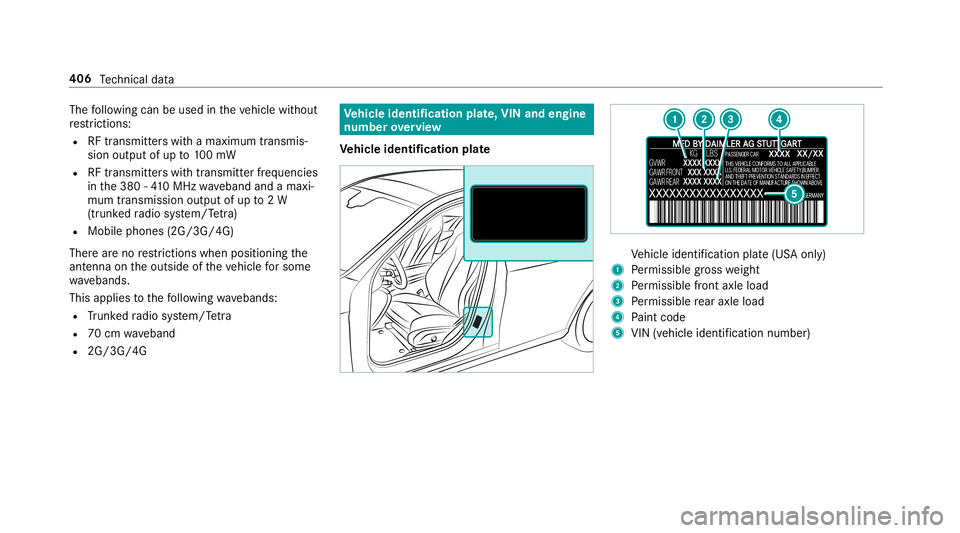 MERCEDES-BENZ S-CLASS COUPE 2019  Owners Manual The
follo wing canbeused intheve hicle without
re strictions :
R RFtransm itterswi th amax imum trans mis‐
sion output ofup to100mW
R RFtransmi tter swit htransmi tter freq uenci es
in the380 -41 0M