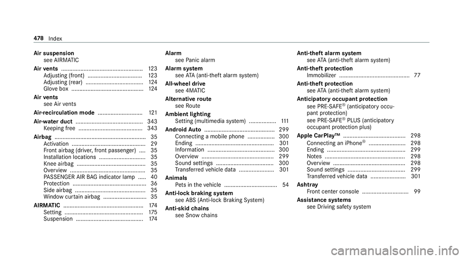 MERCEDES-BENZ S-CLASS COUPE 2019 Owners Manual Air
sus pen sion
see AIRMA TIC
Air vents ................................................... 123
Ad jus ting (front) ............ ...................... 123
Ad jus ting (rea r) ............ .......... MERCEDES-BENZ S-CLASS COUPE 2019 Owners Manual Air
sus pen sion
see AIRMA TIC
Air vents ................................................... 123
Ad jus ting (front) ............ ...................... 123
Ad jus ting (rea r) ............ ..........