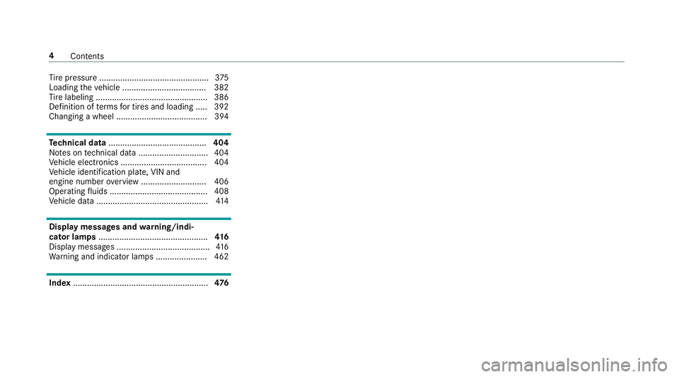 MERCEDES-BENZ S-CLASS COUPE 2019  Owners Manual Ti
re pressur e................ .................... ...........3 75
Loadi ngtheve hicle ........................... ......... 382
Ti re labeling .................. .............................. 386
