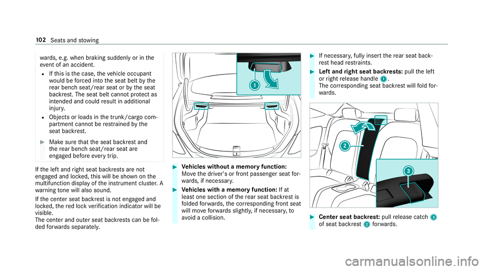 MERCEDES-BENZ C-CLASS COUPE 2019  Owners Manual wa
rds, e.g. when braking suddenly orinthe
ev ent ofan acciden t.
R Ifth is isthecase, theve hicle occupant
wo uld beforc ed intoth eseat beltbythe
re ar ben chseat/r earseat orby theseat
bac kres t.T MERCEDES-BENZ C-CLASS COUPE 2019  Owners Manual wa
rds, e.g. when braking suddenly orinthe
ev ent ofan acciden t.
R Ifth is isthecase, theve hicle occupant
wo uld beforc ed intoth eseat beltbythe
re ar ben chseat/r earseat orby theseat
bac kres t.T